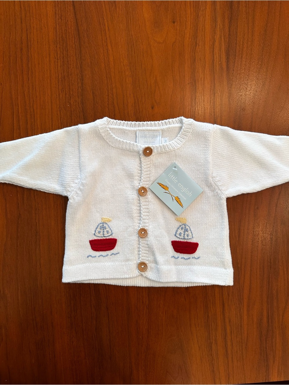 NWT Little English White Knit Baby Cardigan with Red Sailboat Embroidery